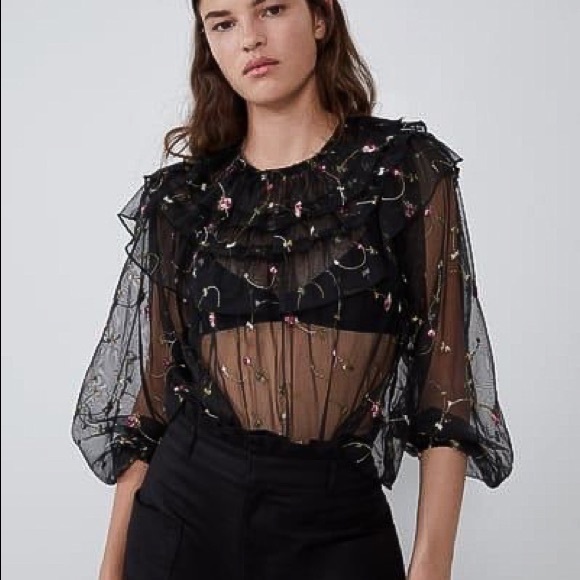 Zara Tops - Zara embroidered mesh long sleeves floral black top